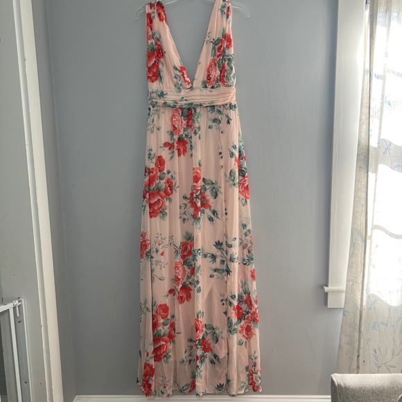 Lulus Blush Floral Plunge Neck Maxi Dress With Slit M Wedding Party Baby NEW - Picture 4 of 10